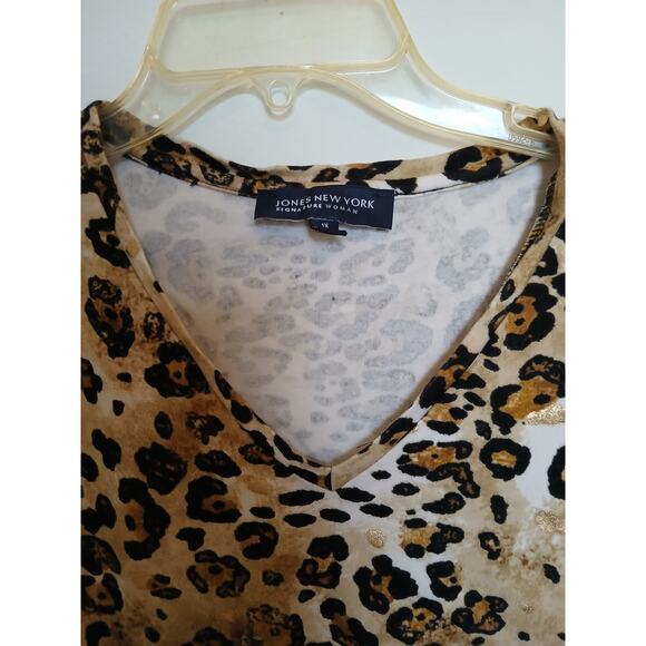 Jones New York Animal Print Top V Neck 3/4 Sleeve Pull Over Shirt Gold Black 1X - Picture 2 of 4